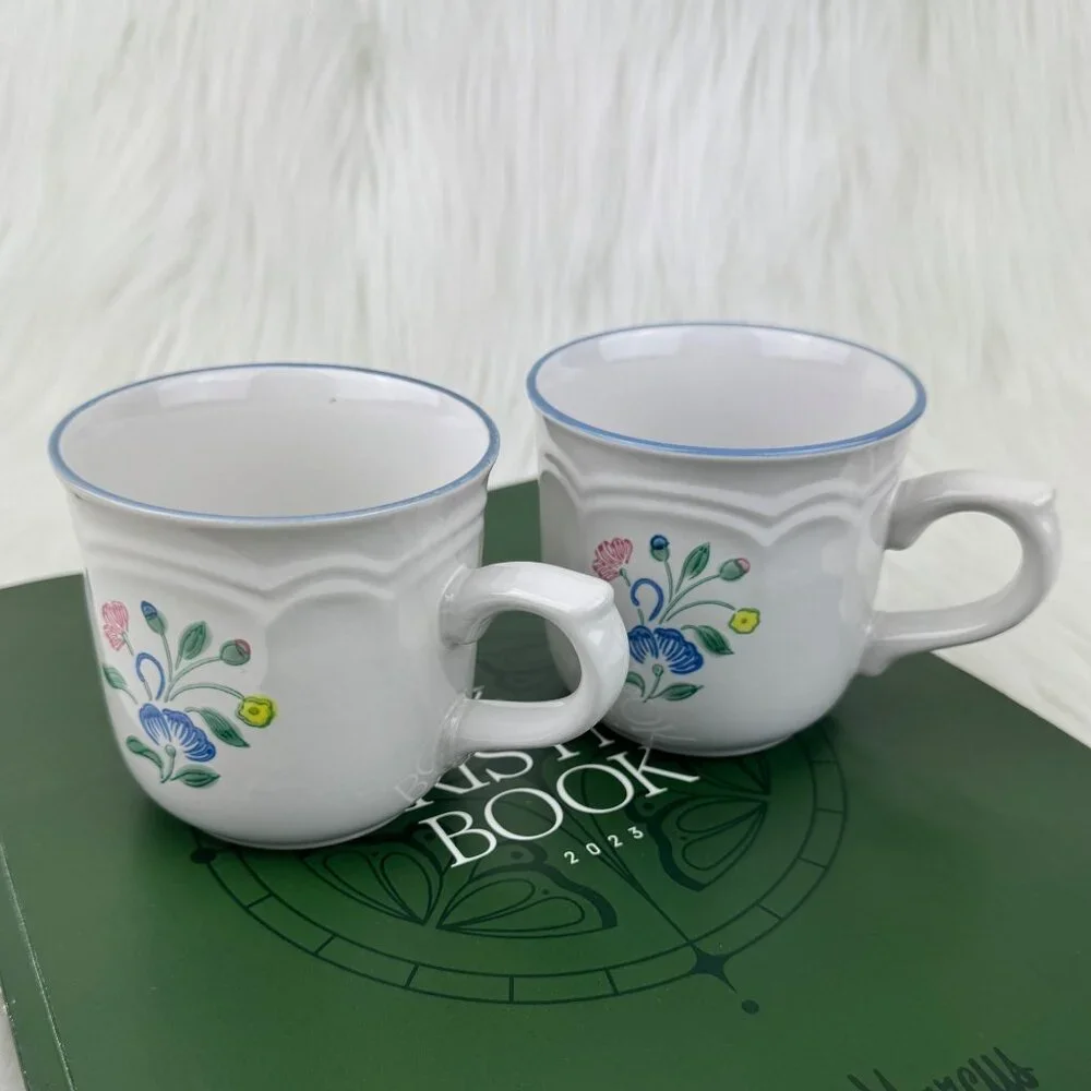 Set of 2 Vintage Floral Expressions Stoneware Coffee Mugs Tea Cups Japan Flower